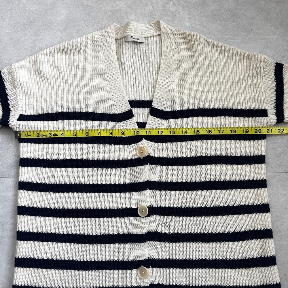 Madewell Striped V-Neck Button Front Cotton Cardigan | Small | Navy & Cream - Picture 10 of 14